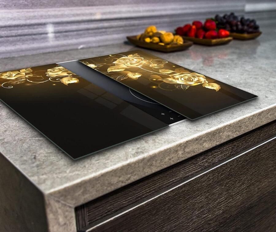 Glazen Kookplaat Afdekplaten Snijplank Set Kookplaat Keuken Beschermen Gehard Glas 2x 30x52 cm Blauw Goud