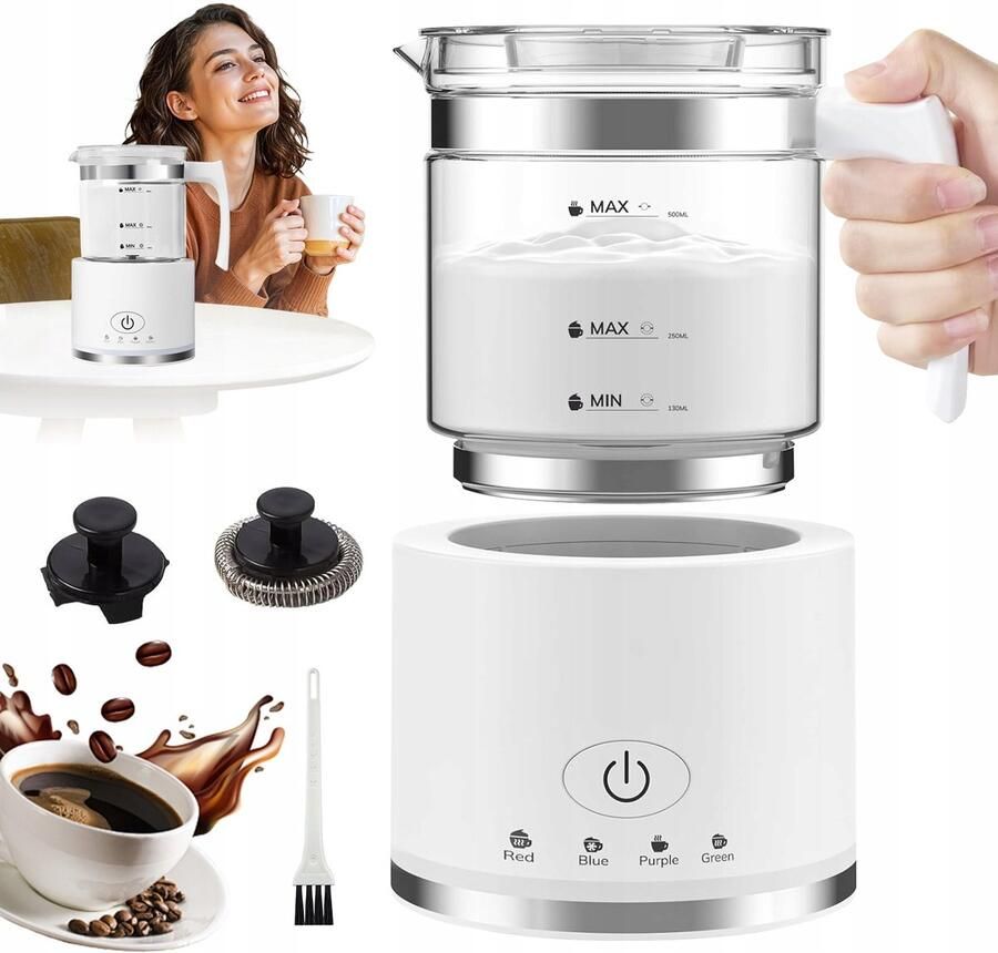 Glazen Melkopschuimer Elektrische Melkopschuimer Vaatwasserbestendig 500 ml Warm & Koud Schuim 4 Standen Automatische Uitschakeling Milk Frother Voor Latte & Cappuccino & Macchiato Wit