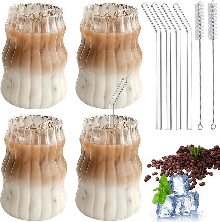 Glazen met rietjes en reinigingsborstels set van 4 koffieglazen 500 ml riffle-glazen dessertglazen theeglas rimpelkoffiekopjes sapglazen voor whisky bier cocktail ijskoffie