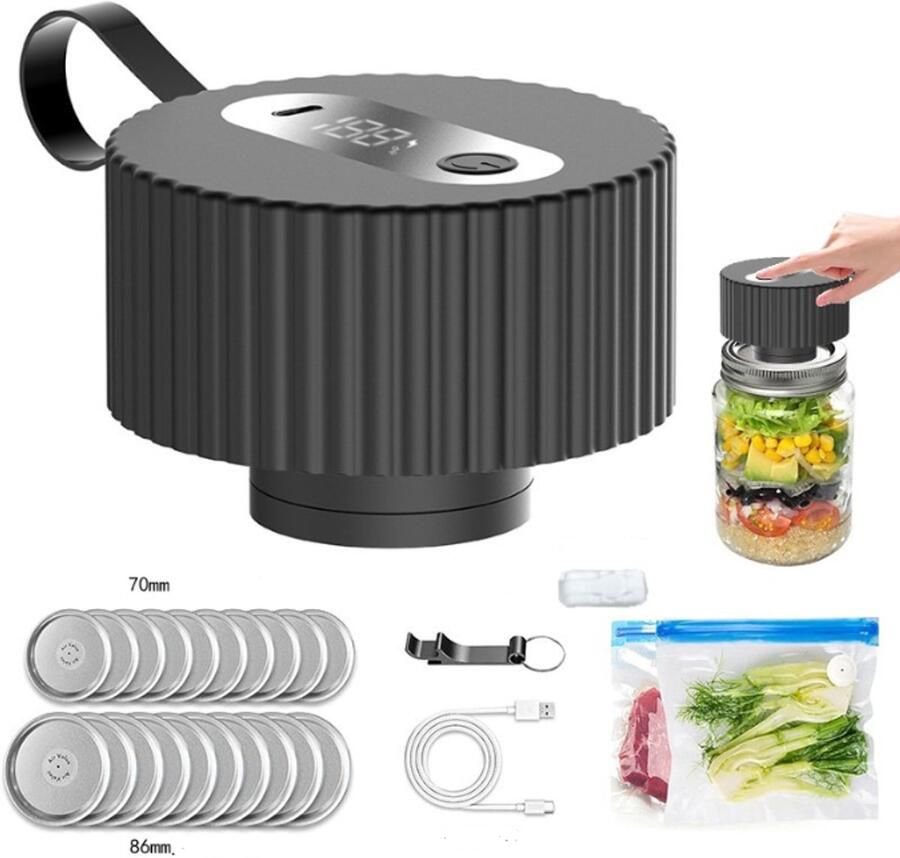 Glazen potten vacuümmachine elektrische vacuümafdichter voor mason potten inclusief 20 deksels en 2 vacuümzakken. Geschikt voor brede en standaard opening glazen potten zwart