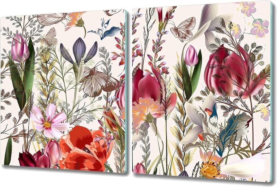 Glazen Snijplank Spatwand 80x52 cm Hittebestendig voor Kookplaat Antislip Bloemenprint