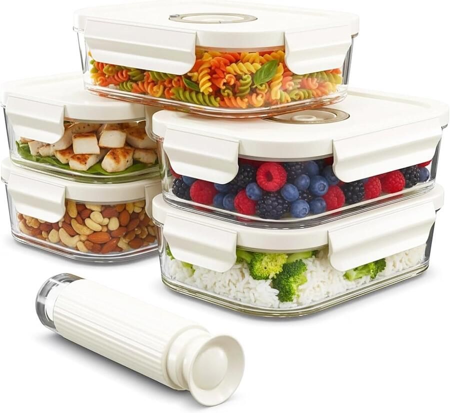 Glazen Voedselcontainers Opslag Set Voedsel Vers Houden Vacuüm Zegel Pomp 5 x 630ml Transparant