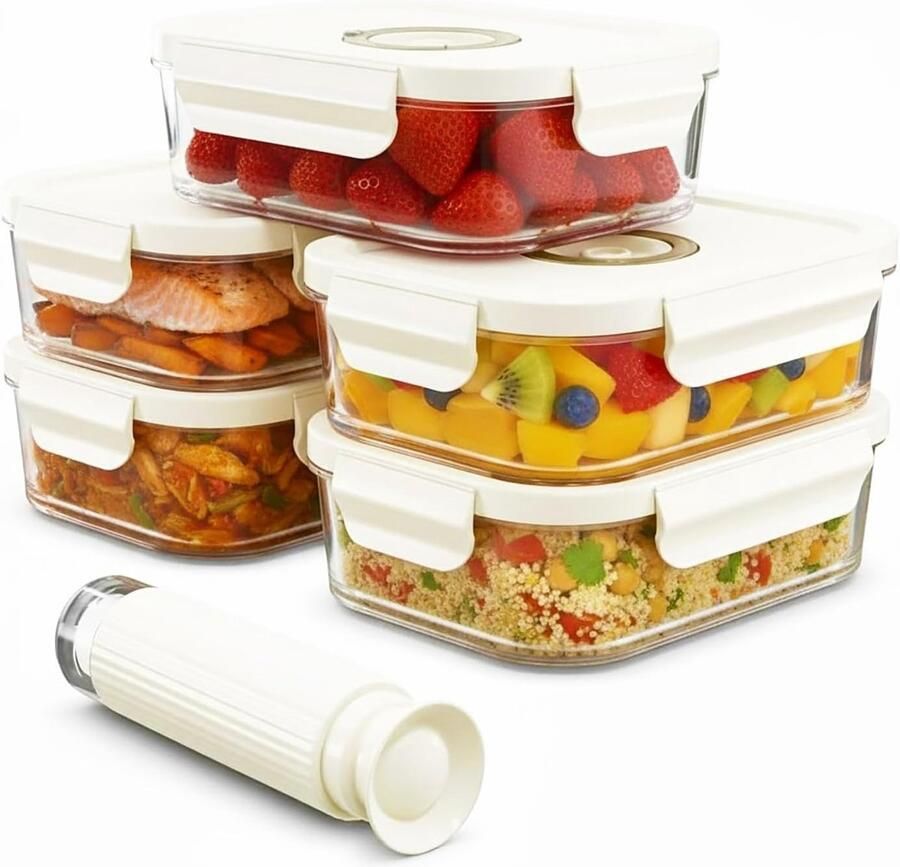 Glazen Voedselcontainers Vacuüm Opslag Set Voedsel Langer Vers Inclusief Handpomp 5x 1480ml Transparant