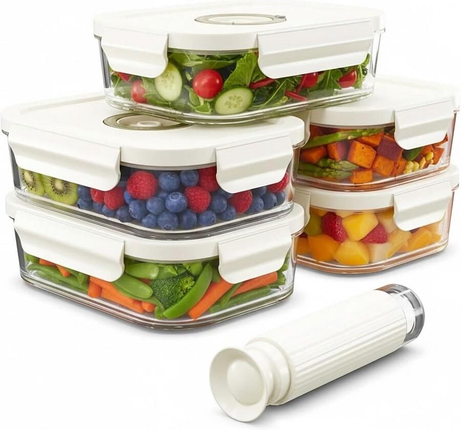 Glazen Voedselcontainers Vacuüm Opslag Voedsel Langer Vers Handmatige Vacuümpomp 5 Stuks 1040ml Transparant