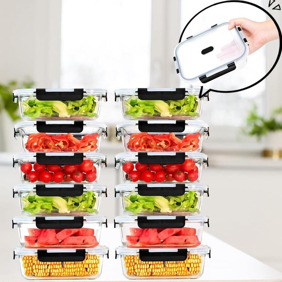 Glazen Voedselcontainerset 6x1040ml 6x370ml Magnetron- En Vaatwasmachinebestendig BPA-vrij Rechthoekig Voor Maaltijdvoorbereiding