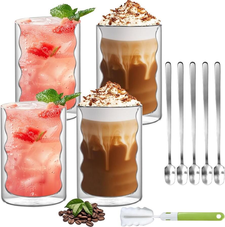 Glazen voor latte macchiato met lepel 350 ml dubbelwandige cappuccinokopjes spiraalvormig borosilicaatglas thermoglazen koffieglazen voor cappuccino thee ijs melk bier (350 ml x