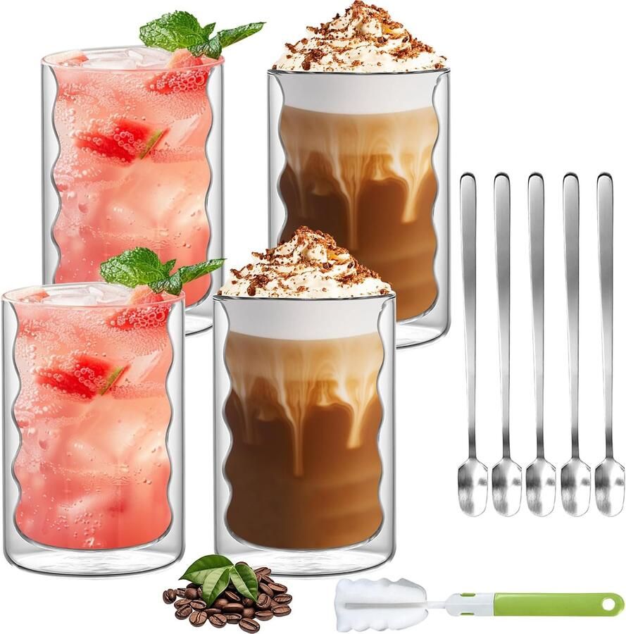 Glazen voor latte macchiato met lepel 350 ml dubbelwandige cappuccinokopjes spiraalvormig borosilicaatglas thermoglazen koffieglazen voor cappuccino thee ijs melk bier (350 ml x