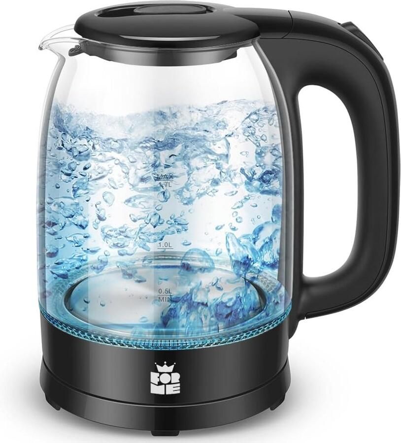 Glazen Waterkoker 1 7 Liter met Roestvrij Staal en Kalkfilter – 2200W Theekoker met Blauwe LED Automatische Uitschakeling en Droogkookbeveiliging