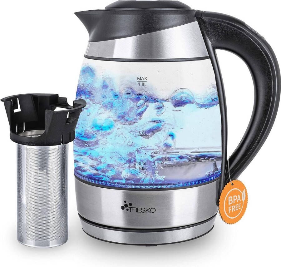 Glazen waterkoker 1 8 L roestvrij staal met theezeef kalkfilter en temperatuurinstelling Snoerloos en veilig
