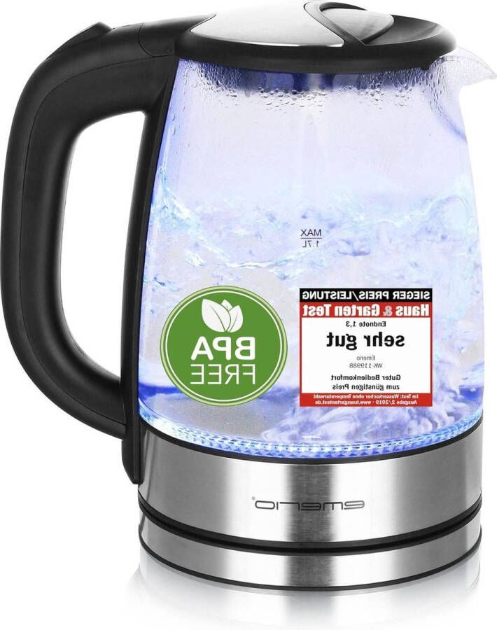 Glazen waterkoker 17 liter 2200 watt LED-binnenverlichting 360°-basis zwart zilver huis- en tuintest winnaar 02 2019- beste prijs-prestatie