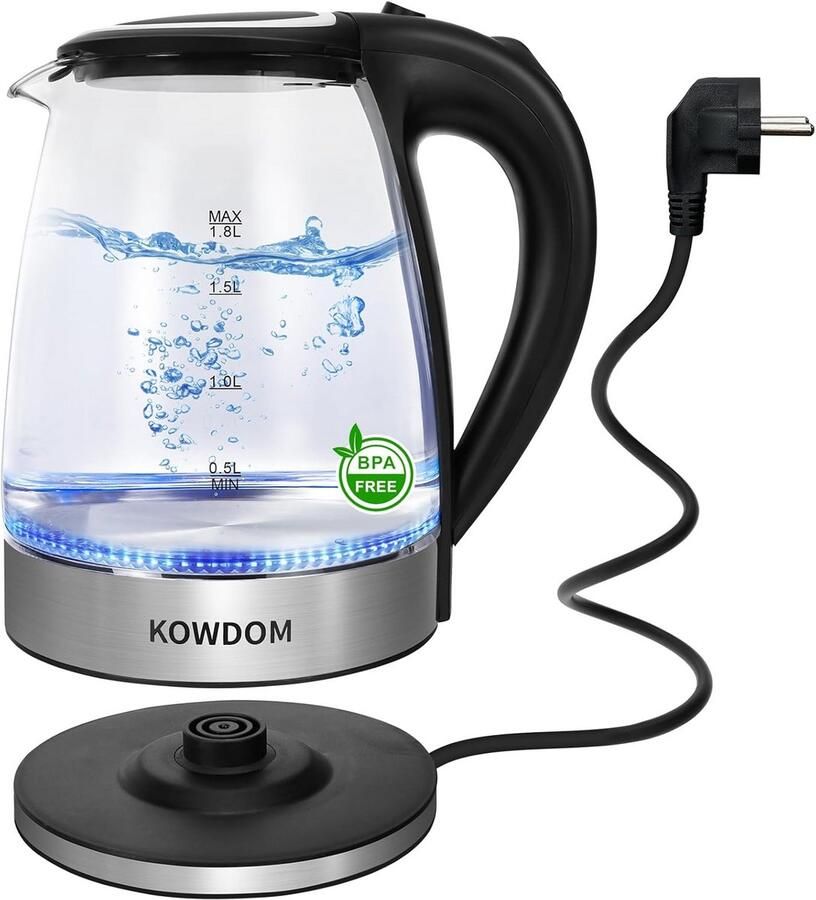 Glazen Waterkoker 1.8L met LED Verlichting en RVS Bodem Zwart