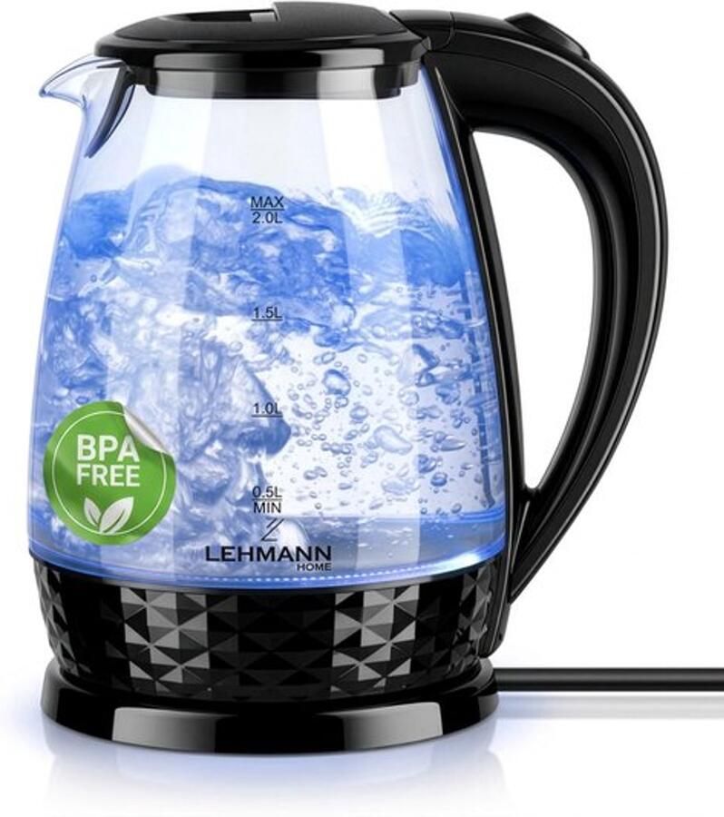 Glazen waterkoker 2 L 2200 W BPA-vrij blauwe ledverlichting snel koken 360°-voet droogkookbeveiliging en automatische uitschakeling transparant borosilicaatglas