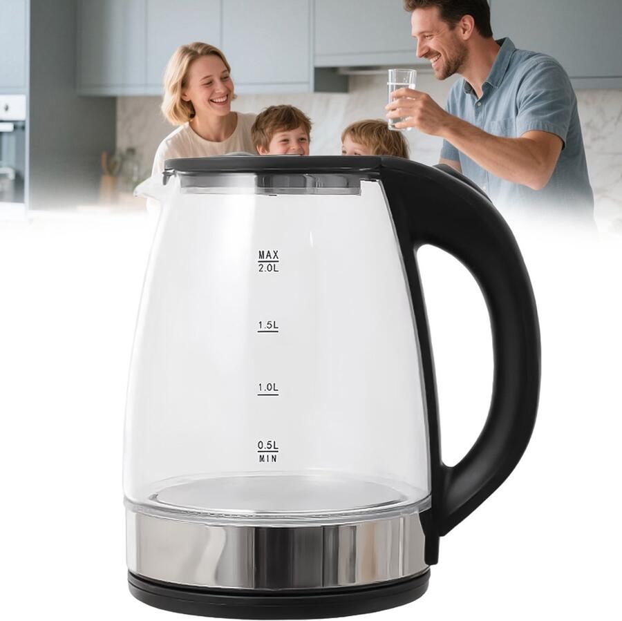 Glazen Waterkoker Glas Elektrisch 2 Liter Blauw LED Verlichting 1500 Watt RVS