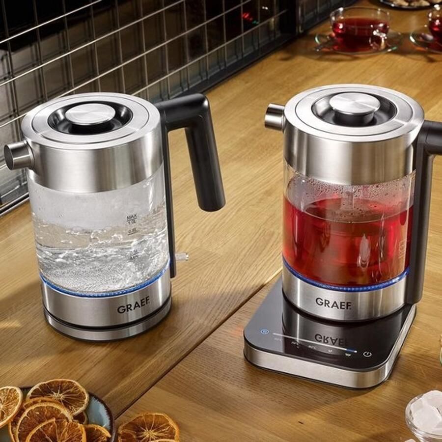 Glazen waterkoker met RVS-afwerking 1 liter 2200 Watt en kalkfilter