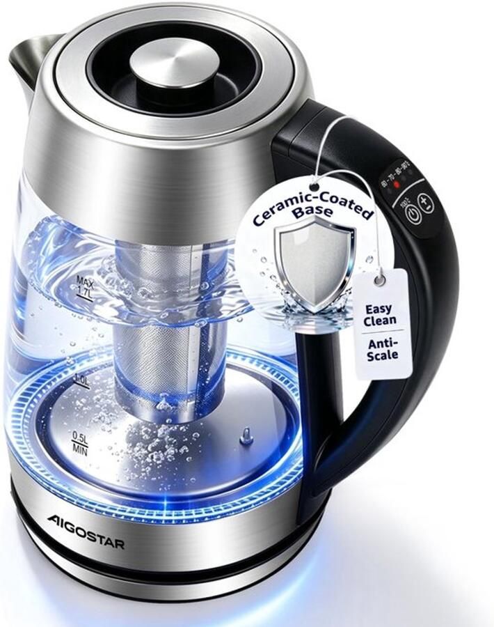 Glazen waterkoker met temperatuurinstelling 1 7 l keramische