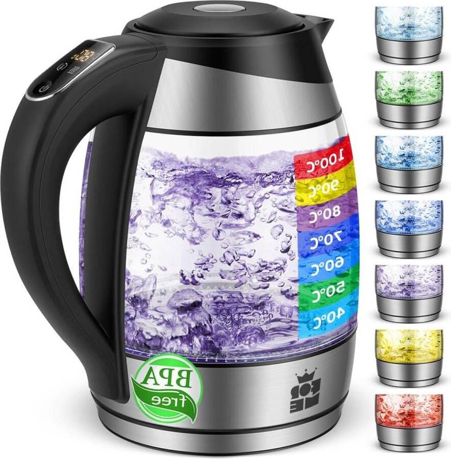 Glazen Waterkoker Temperatuurinstelling 40-100°C 18 L 2200 Watt LED Kleurverandering Digitale Temperatuurweergave Warmhoudfunctie Droogkookbeveiliging BPA-vrij