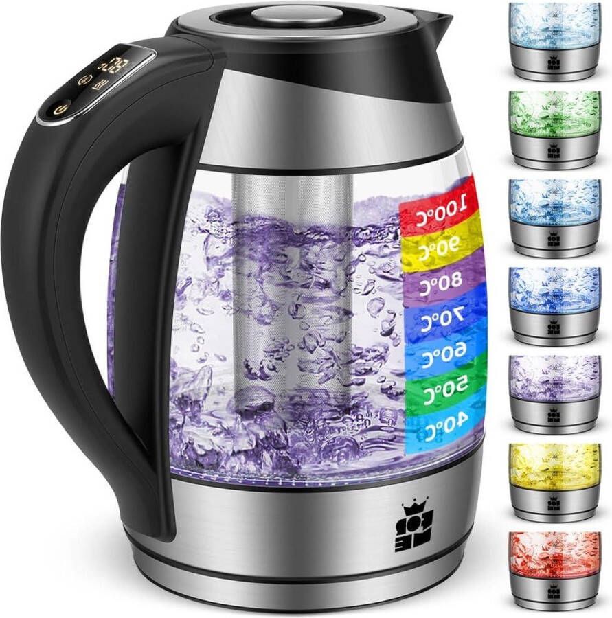 Glazen Waterkoker Temperatuurinstelling Kleurverandering LED 40-100°C 18 L 2200 Watt Warmhoudfunctie Digitale Temperatuurweergave Droogkookbeveiliging BPA-vrij