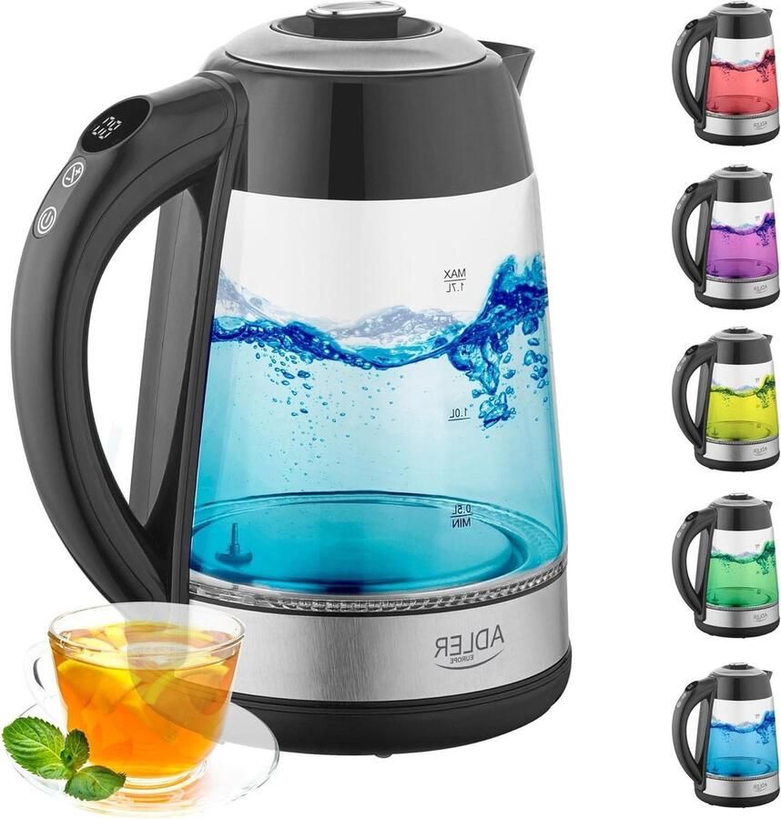 Glazen Waterkoker Thee Ketel Water Koken Temperatuurregeling 1.7 Liter Zwart