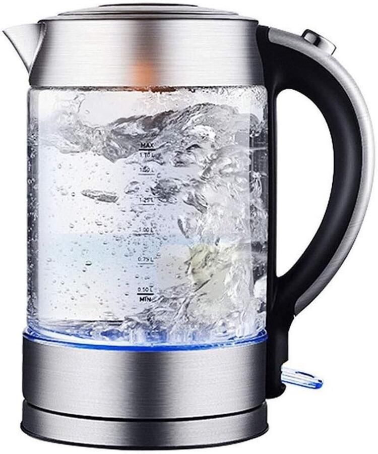 Glazen Waterkoker Theeketel Kookketel Snel Water Koken Borosilicaatglas Roestvrij Staal 17 Liter Geborsteld RVS