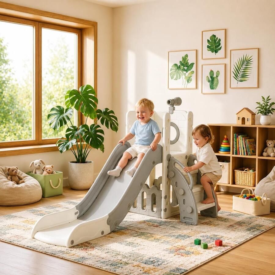 Glijbaan Voor 1-3 Jaar Binnen- & Buitenglijbaan Jaar Vrijstaande Glijbaan met Opbergruimte & Speeltelescopen Tuinglijbaan Kinderspeelplaats Grijs-Wit Module 1PCS