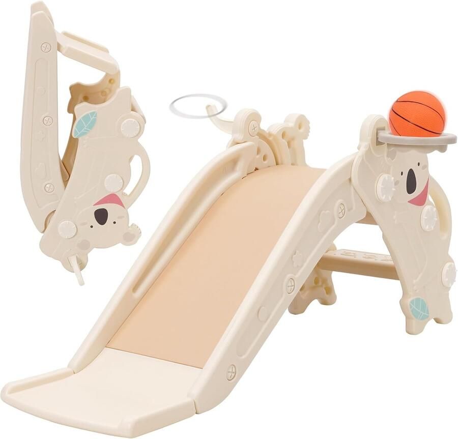 Glijbaan voor binnen en buiten babyglijbaan voor peuters -2 jaar 2-in-1 kinderglijbaan met basketbalmand en lange glijbaan stabiele kunststof glijbaan