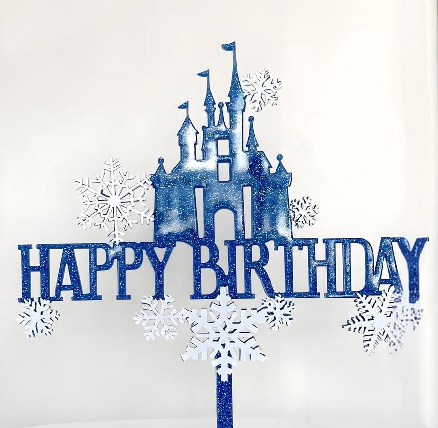 Glitter Cake Decorating Toppers 1 stks Happy Birthday Kasteel Donkerblauw Wit en 8 witte sneeuwvlokken A501