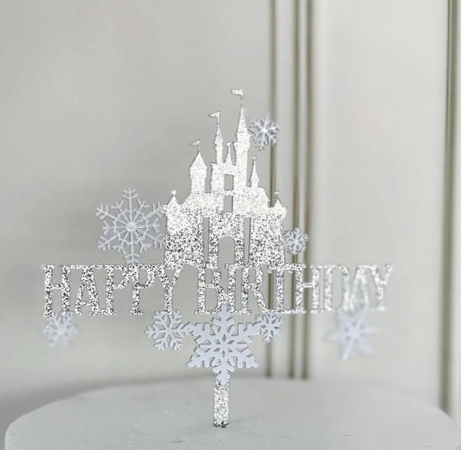 Glitter Cake Decorating Toppers 1 stks Happy Birthday Kasteel Zilver Wit en 8 witte sneeuwvlokken A501