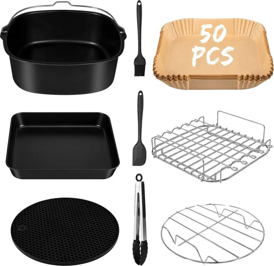 Goods Airfryer Accessoires 9 Stuks Airfryer Accessoires Kit Inclusief Pizzapan Rekken 50 Stuks Papieren Voering Compatibel Geschikt voor Hoger Diepe Mand Airfryer Antiaanbakbestendig