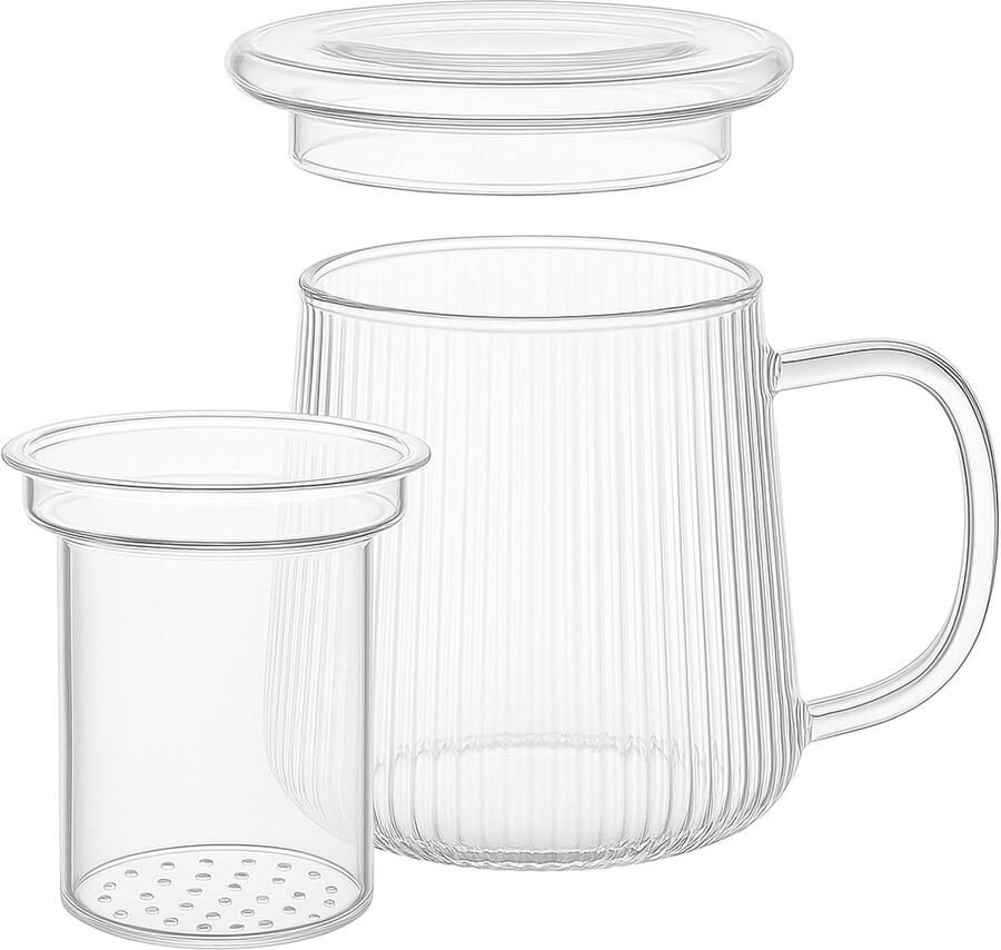 Goodwei Theezetter glas – 2-in-1 theekop en theepot klein met uitneembaar glazen filter & deksel – Theekop met zeef voor losse thee