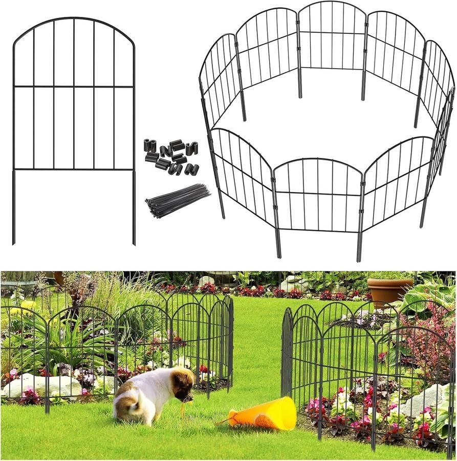 Goovilla Tuinhek totaal 3 m (L) x 60 cm (H) tuinafrastering dierenbarrière 10 stuks roestvrije metalen omheiningspanelen zwart geen graven hek decoratieve tuinhekken en randen voor honden