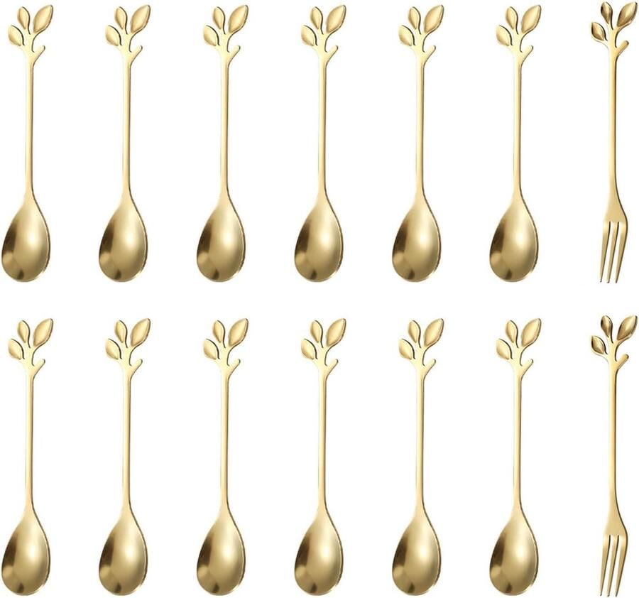 Gouden Blad Bestek Vorken en lepels Koffie roeren Uniek bladontwerp 14 stuks Goud
