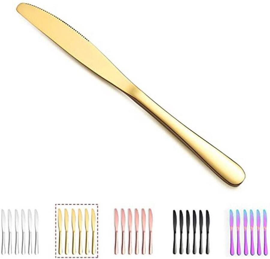 Gouden Dinermessen Set Roestvrij Staal Steakmessen en Tafelmessen 22.8 cm 6 Stuks