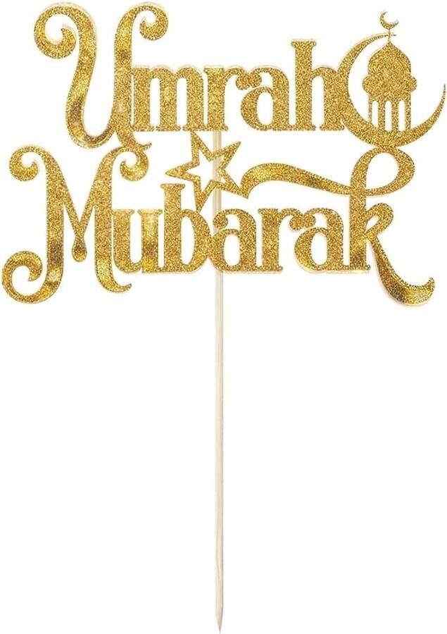 Gouden Islamitische Cake Topper Umrah Mubarak Crescent Moon Moskee Glitter Karton voor Moslim Partij Decor