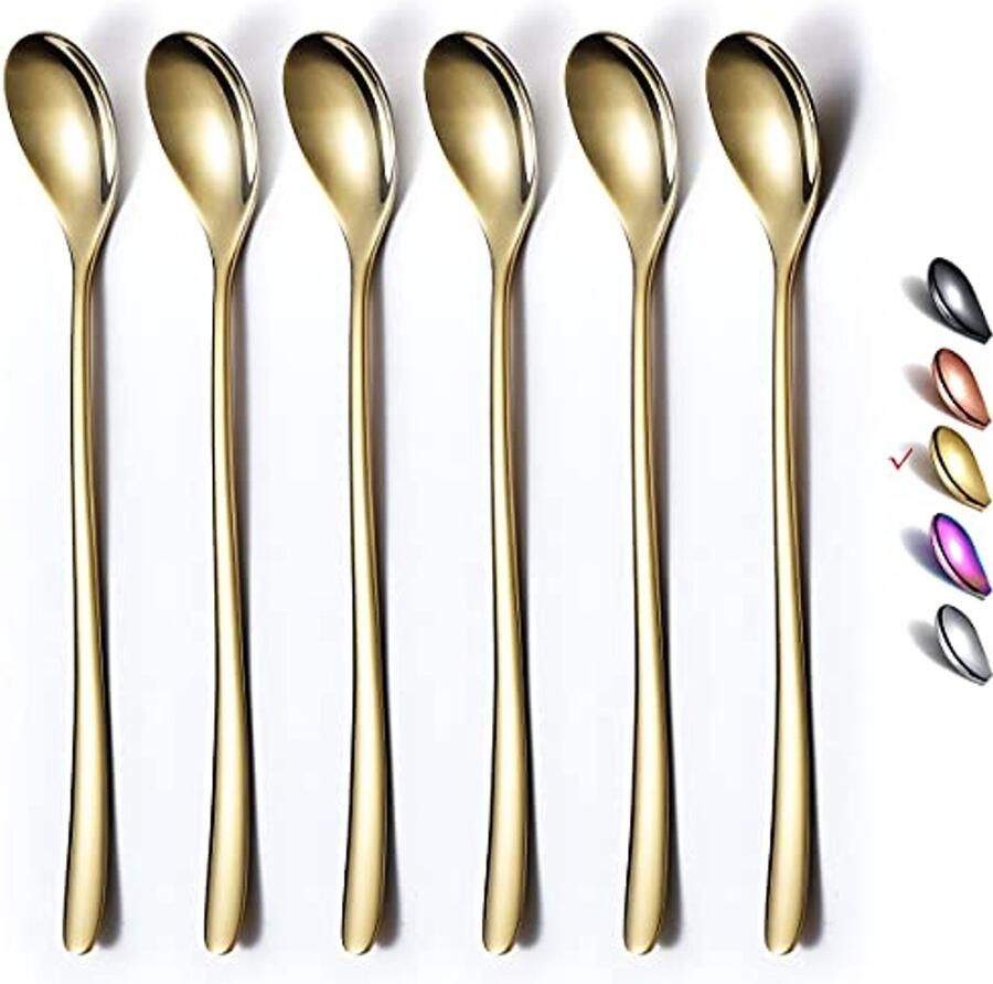 Gouden Lepe Set van 6 met Lange Steel Roestvrijstalen Koffielepels en Cocktaillepels