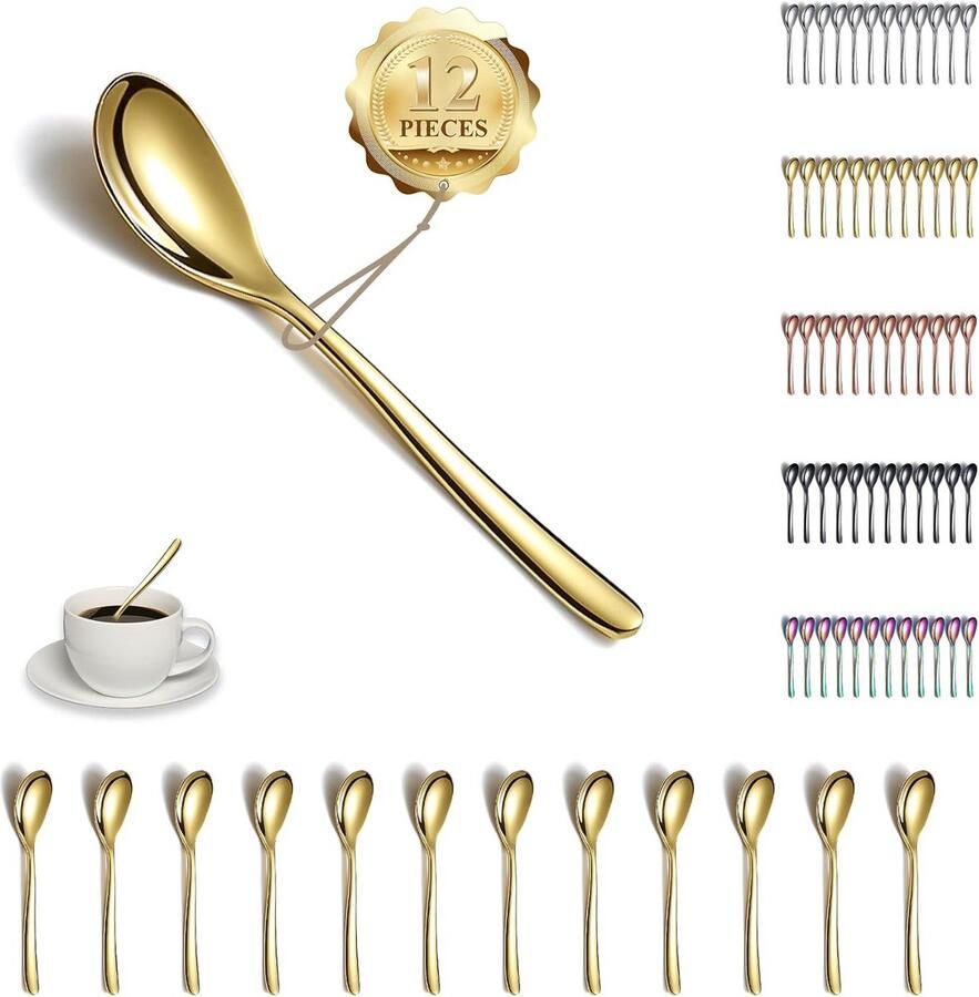 Gouden Theelepels Set van 12 Roestvrijstalen IJslepel Dessertlepel en Koffielepel Vaatwasmachinebestendig - Foto 1