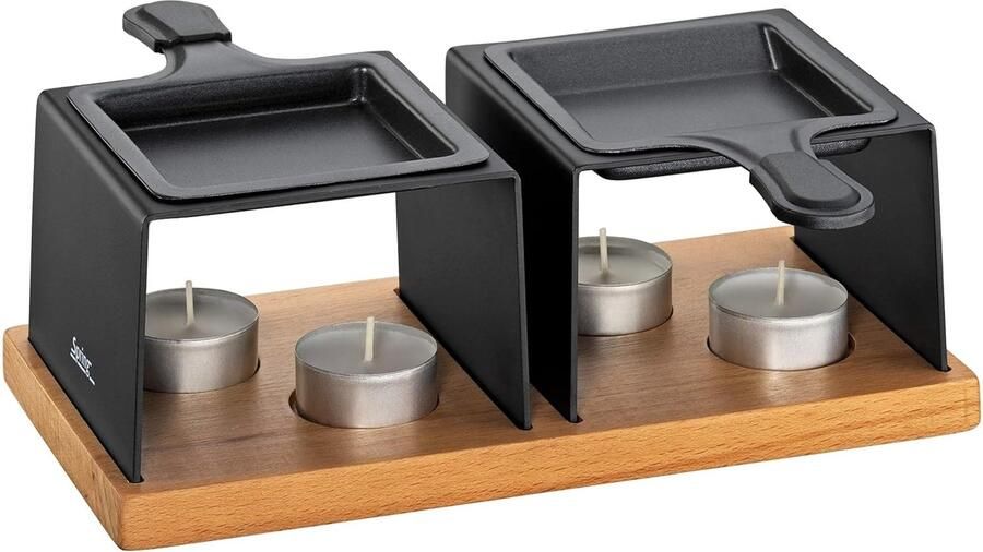 Gourmet Raclette Houten Bodem met Theelichtjes Inclusief 2 Anti-aanbak Pannetjes Voor Gezellige Avonden