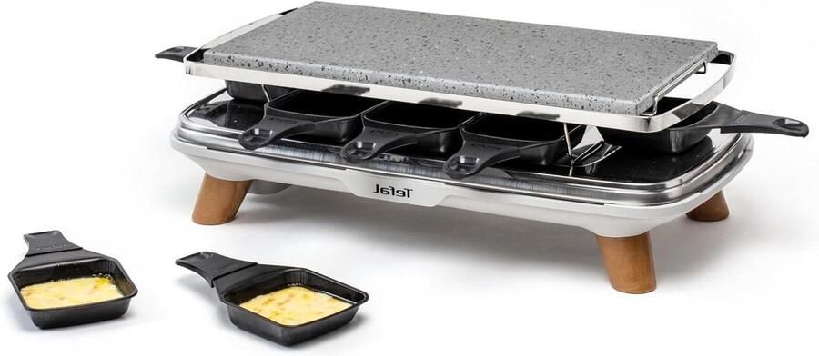 Gourmet Raclette Steengrill Apparaat Gezellig Tafelen 2-in-1 Functie 8 Diepe Schalen Houtlook Poten