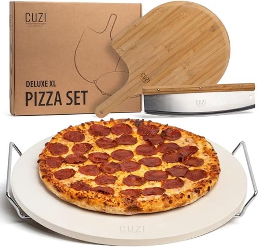 Gourmet XL Pizza Steen Set 3-delige Pizza Grilling Set met Cordieriet Steen Bamboe Peel & Pizzasnijder