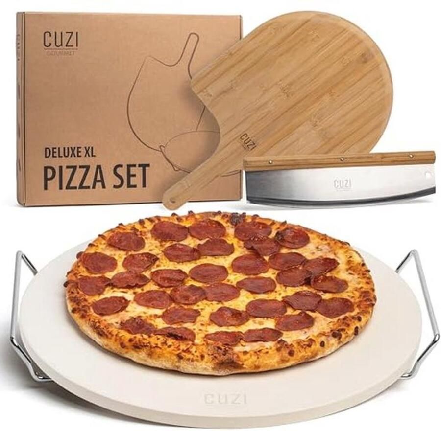 Gourmet XL Pizza Steen Set 3-delige Pizza Grilling Set met Cordieriet Steen Bamboe Peel & Pizzasnijder