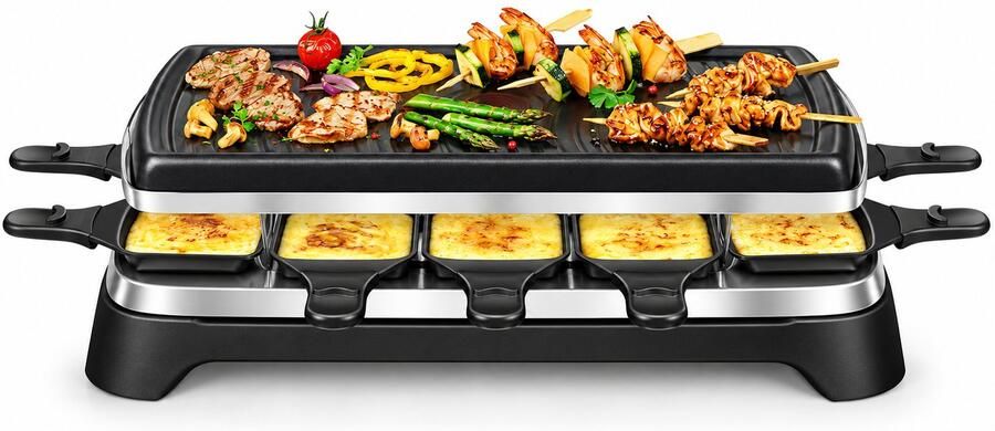 Gourmetstel 10 Personen – 2-in-1 Raclette & Grill – 1350W – 10 Pannetjes – Antiaanbaklaag