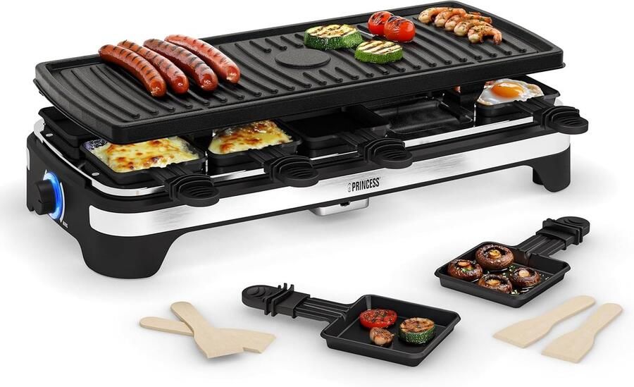 Gourmetstel 10 personen Elektrisch grillstel Gezellig tafelen Omkeerbare bakplaat 21x49 cm Zwart