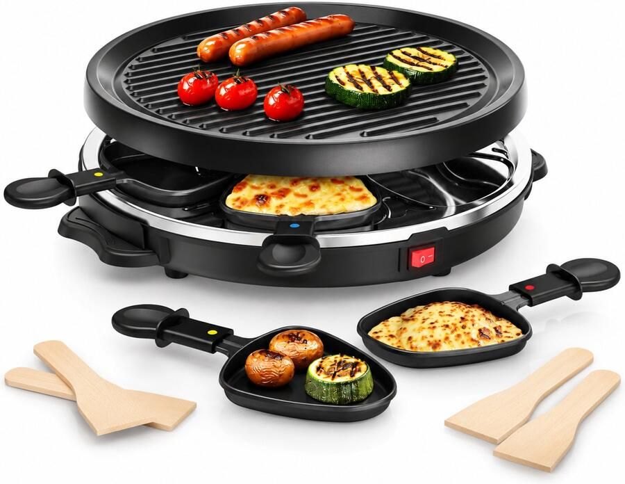 Gourmetstel 6 Personen – 800W Raclette Grill – Ø30 cm Grillplaat – 6 Pannetjes – Antiaanbaklaag
