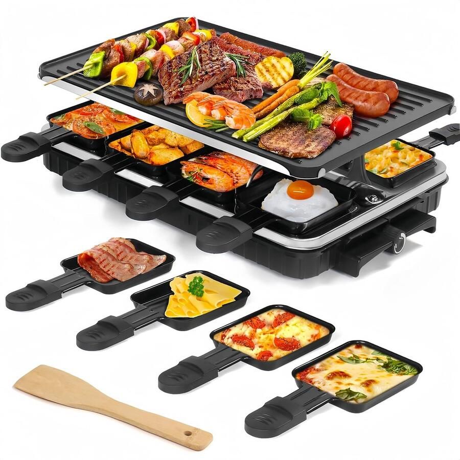 Gourmetstel 8 Personen – 1300W Raclette Grill – Omkeerbare Grillplaat – 8 Pannetjes – Temperatuurregelaar