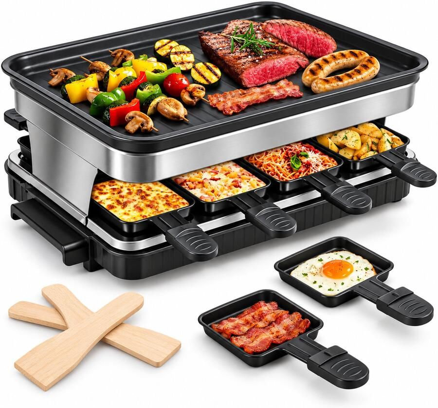 Gourmetstel 8 Personen – Racletteset 1500W – 8 Pannetjes – Antiaanbak Grillplaat – Regelbare Thermostaat