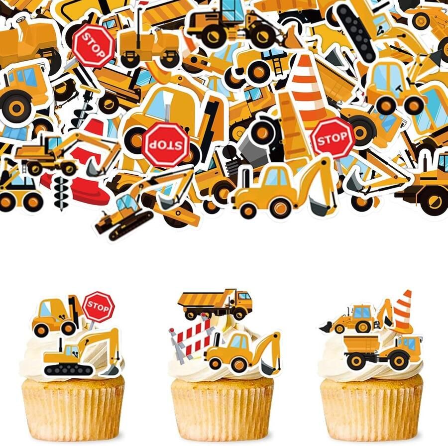 Graafmachine Taartdecoratie 64 Stuks Eetbare Bouwplaats Decoratie voor Verjaardag Tractor en Cupcake-Topper