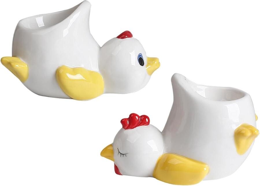 Grappige eierdopjes Keramische eierhouders Ontbijt tafeldecoratie Set van twee Kip 11cm Eend 10cm Meerkleurig
