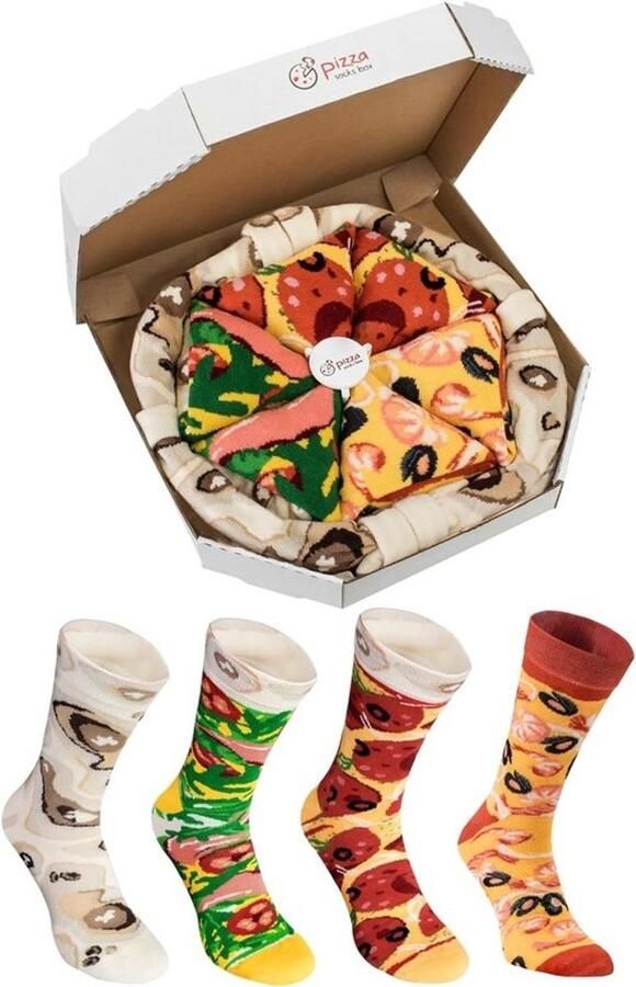 Grappige Pizzasokken in een Cadeaubox 4 Paar Sokken met Verschillende Toppings