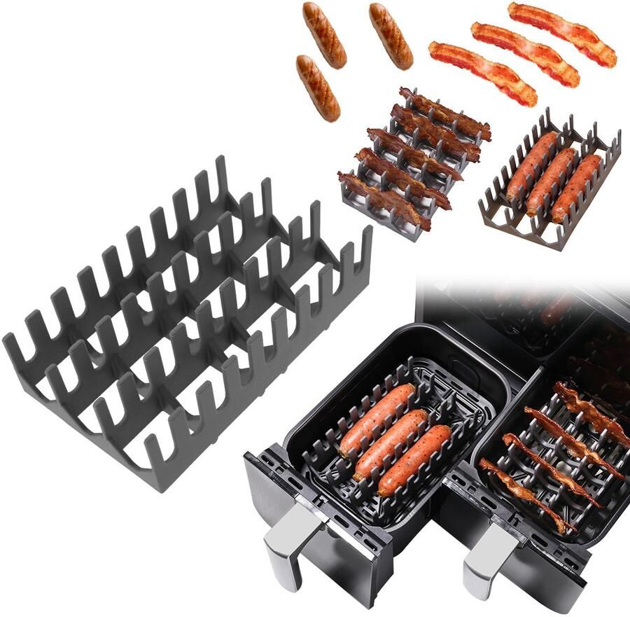 Grijze rechthoekige tweedelig airfryer siliconen bacon- en hotdogrek geschikt voor de airfryer en grillrek voor levensmiddelen hittebestendige siliconen bak