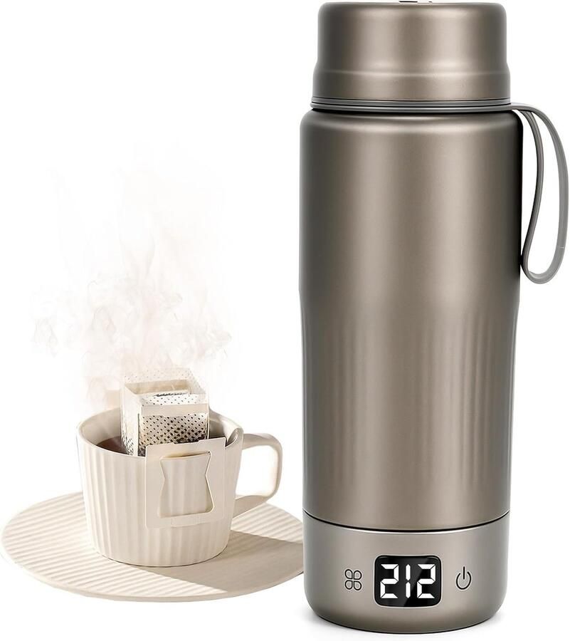 Grijze Reiskoker Van Zuiver Titanium Dubbele Spanning 110V-240V 380ml 12 Temperatuurstanden Automatische Uitschakeling En Droogkookbeveiliging Compacte Waterkoker Voor Thee En Koffie Op Reis
