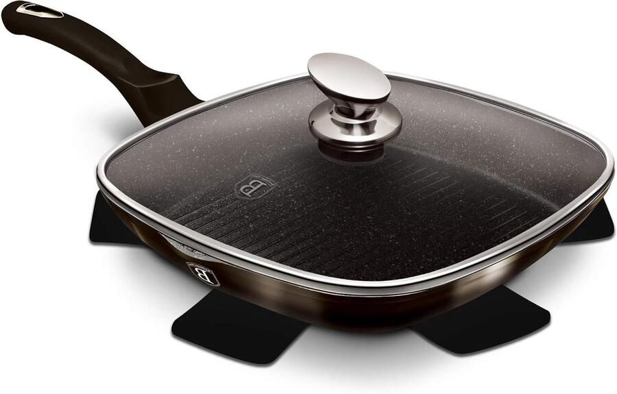 Grill Bakplaat Koekenpan met deksel Steak Koken Antiaanbaklaag 28x28 cm Zwart